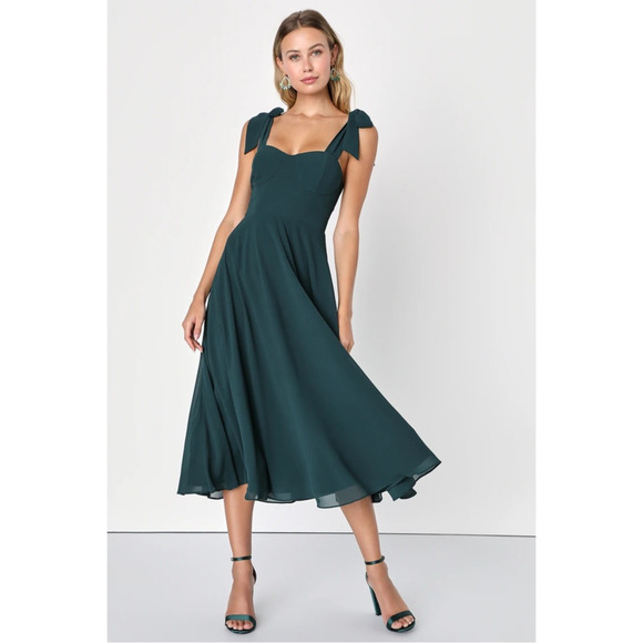 NWOT Lulus Sophisticated Charisma Dark Teal Tie-Strap A-Line Midi Dress Size S - Picture 1 of 6